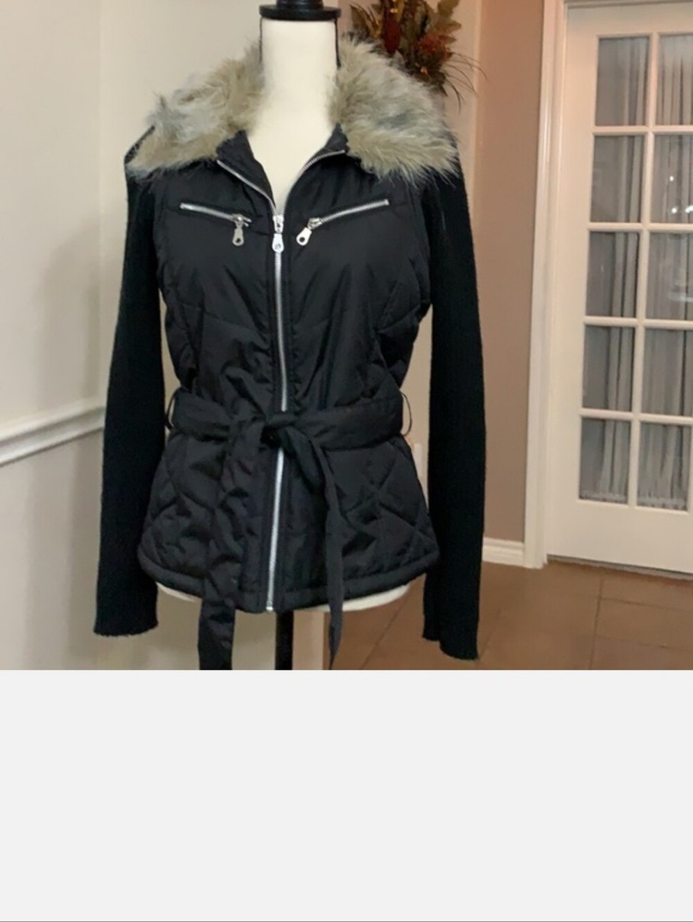 Ashley by 26 International black sweater jacket with faux fur collar Size M